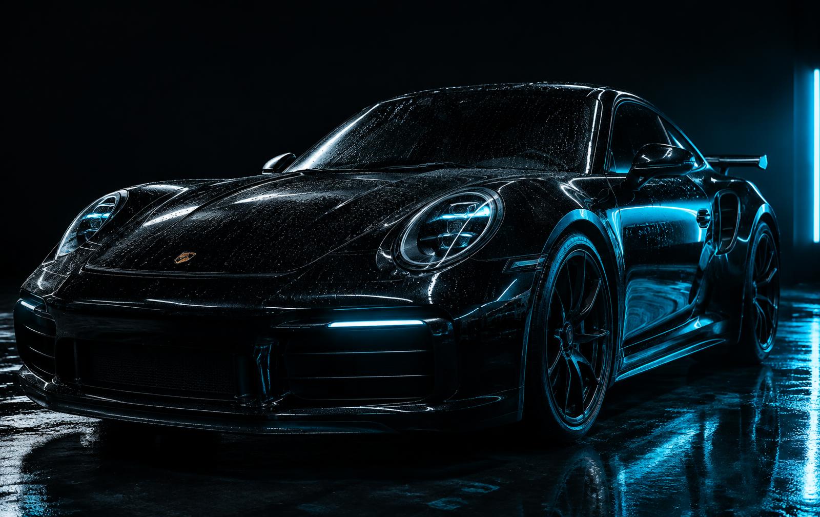 Freshly detailed black sports car under blue studio lighting